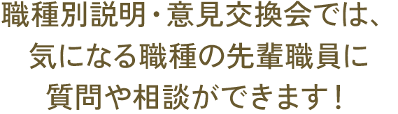 職種別説明・意見交換会では、気になる職種の先輩職員に質問や相談ができます！